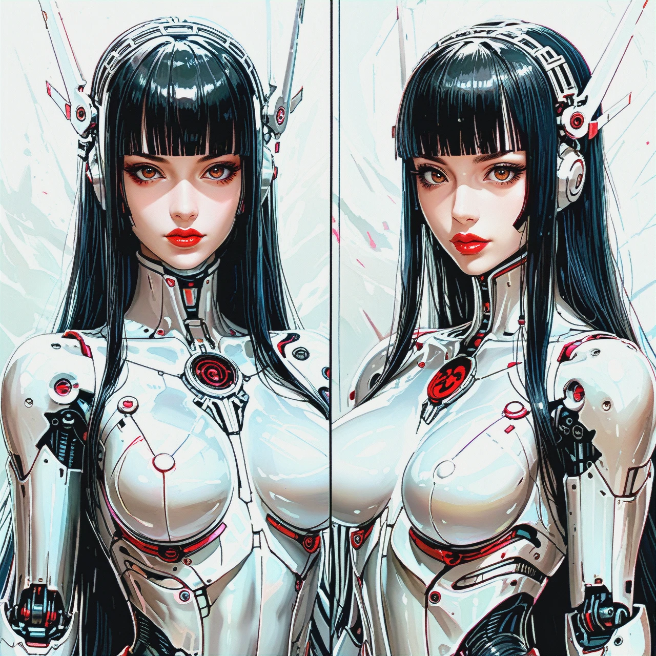 deviant sexy robot woman, robot body, white metallic body, black hair, blunt bangs, long hair, extreme straight hairstyle, brown eyes, red lipstick thick lips, pink sharp nails, medium breast.