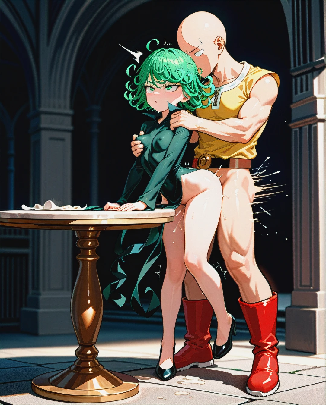 @saitama ,  @tatsumaki, sex, full body , (guided_breast_grab) , full body   , hip thrust , (sex_from_behind) sex ,  creampie , background on concrete palace balcony,  (table_humping) (strangling) (leg_lift)