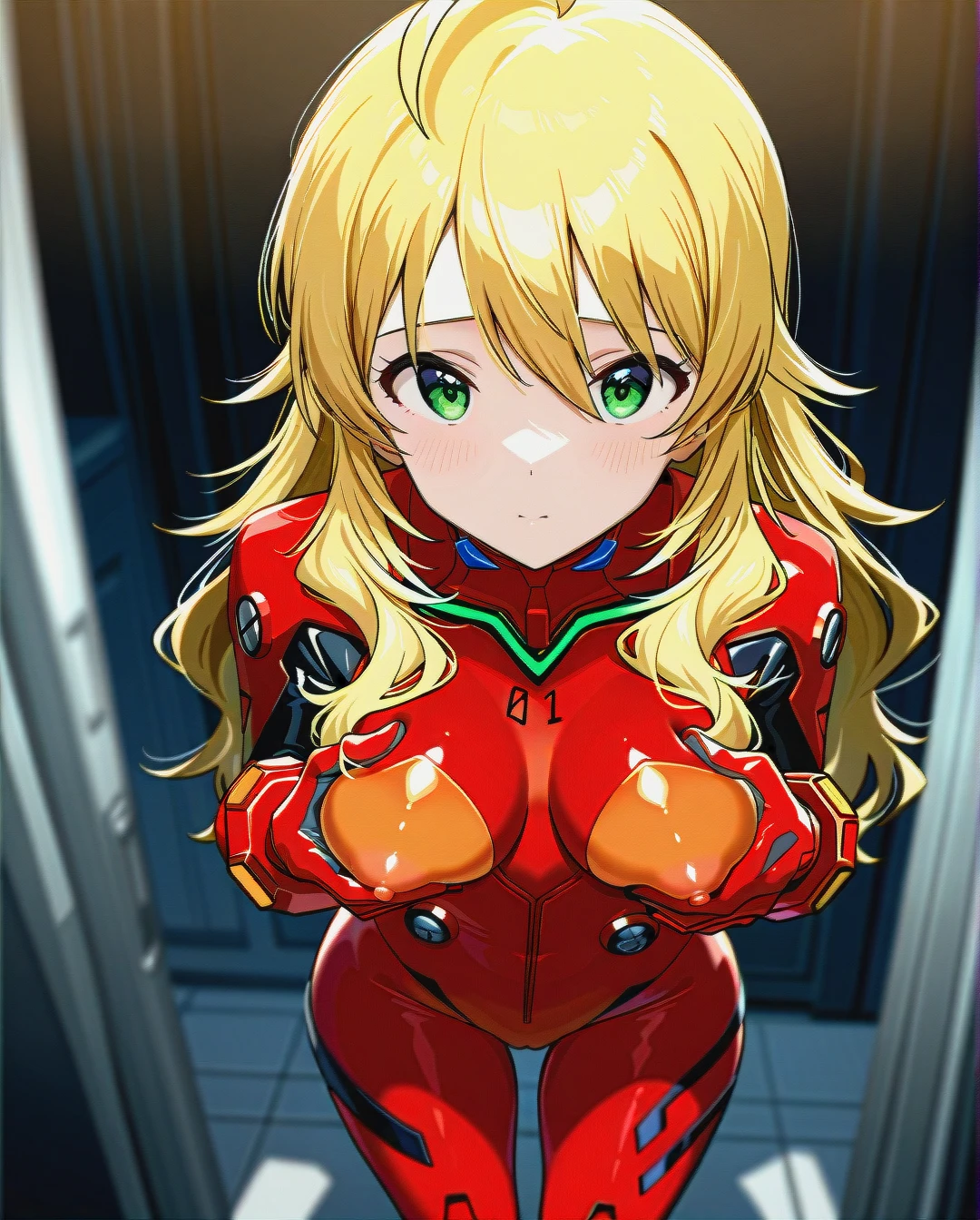 2girls, Japanese girl, (hoshii miki \(idolmaster million live\)  and maple \(bofuri\)). big eyes, naked \(neon genesis evangelion\) red plugsuit bodysuit  looking at viewer (grabbing_own_breast)   upper thighhighs,nsfw