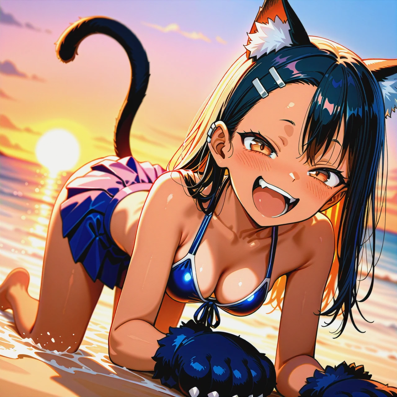 Hayase Nagatoro, mischievous look, laughing with open mouth, cat ears, cat paw gloves, cat tail, dressed in bikini and pleated mini skirt, cleavage, on all fours, on the beach, sunset, play of shadows, beautiful lighting, subtle pastel tones, 8k