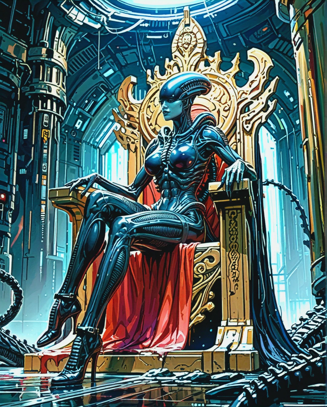 @xenomorph, sitting on a throne, inside spaceship, dark, (full_body)