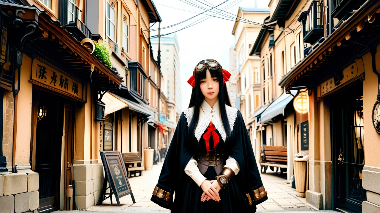 Kaguya Shinomiya, dressed in steampunk clothing, goggles, on a busy medieval japanese city street