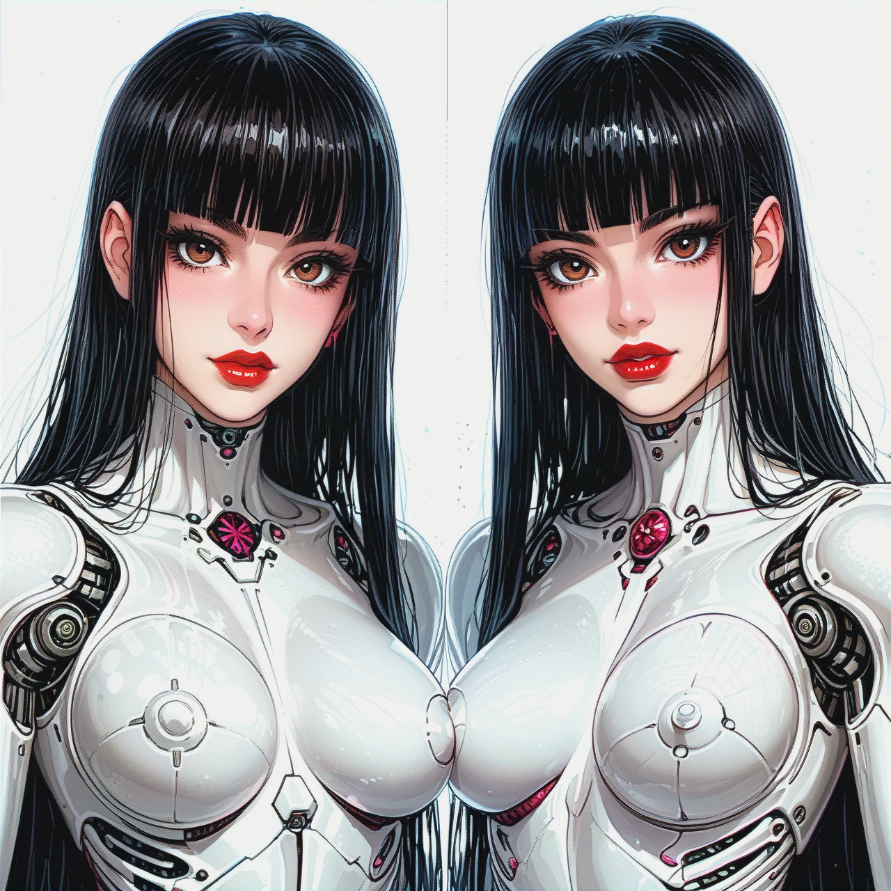 deviant sexy robot woman, robot body, white metallic body, black hair, blunt bangs, long hair, extreme straight hairstyle, brown eyes, red lipstick thick lips, pink sharp nails, medium breast.