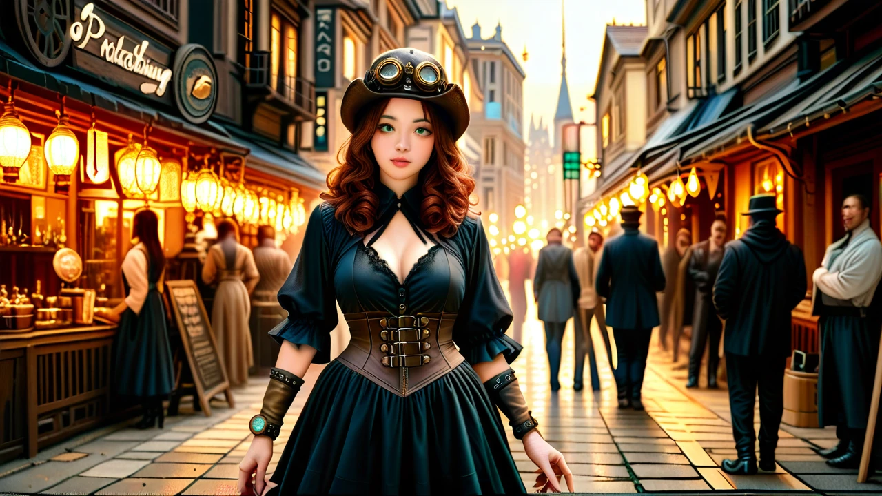 Kaguya Shinomiya, dressed in steampunk clothing, goggles, on a busy medieval japanese city street. Ravishing, beautiful succubus, long, curly, auburn hair, green eyes, wearing steampunk hat, goggles Medium view