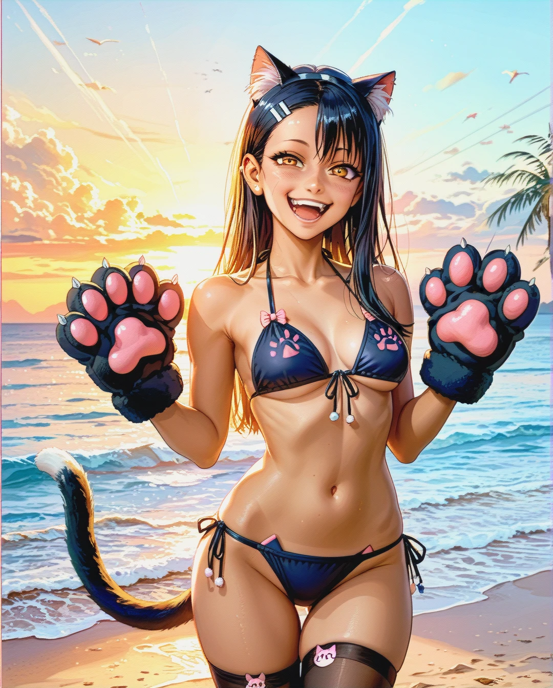 Hayase Nagatoro, mischievous look, laughing with open mouth, cat ears, cat paw gloves, cat tail, dressed in a cat bikini and stockings, showing her belly button, standing  paws up, on the beach, sunset, play of shadows, beautiful lighting, subtle pastel tones, 8k