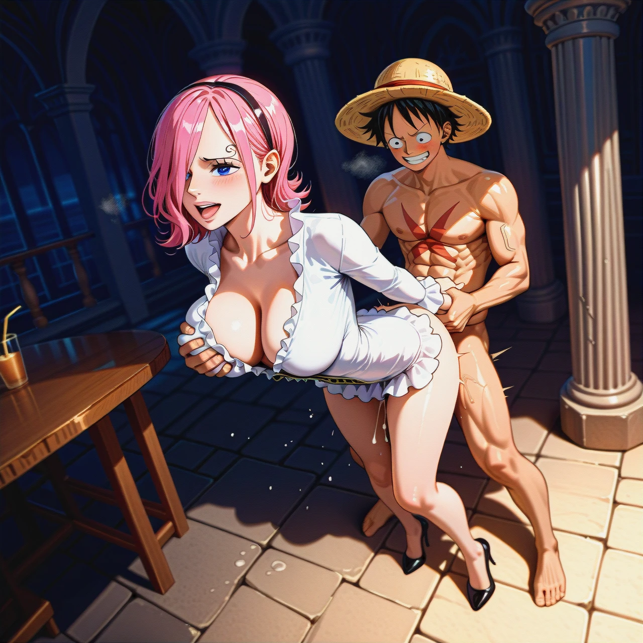 Vinsmoke Reiju from one piece ,  white outfit with straw hat  ,  @monkey_d_luffy  , sex, full body , (guided_breast_grab) , full body , (from_side) , (sideways) , hip thrust , (sex_from_behind) sex ,  creampie , background on concrete palace balcony,  (table_humping) , luffy not wearing straw hat