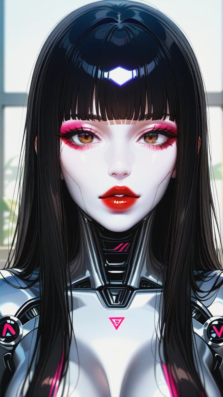 deviant sexy robot woman, robot body, white metallic body, black hair, blunt bangs, long hair, extreme straight hairstyle, brown eyes, red lipstick thick lips, pink sharp nails, medium breast.