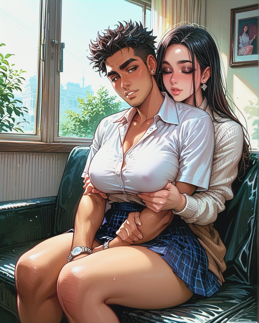 1 fat submissive grandpa man, 1 futanari girl, Young sexy cute stuuning hot Latina slutty schoolgirl, sitting on lap, (molestation)