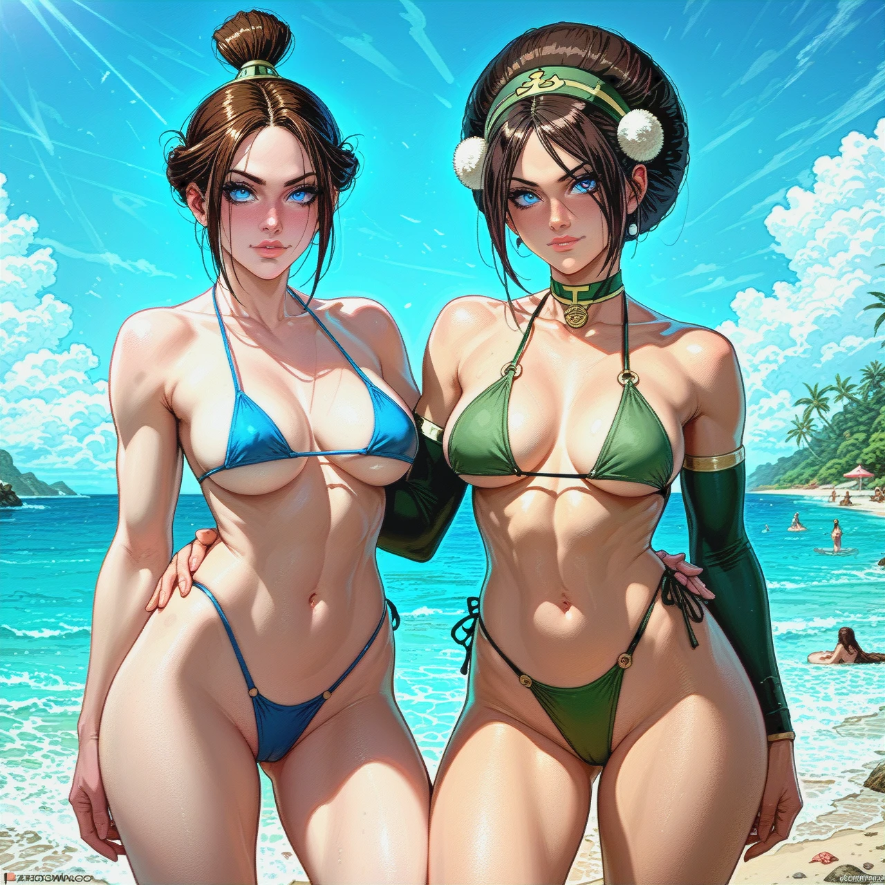 2 girls, @toph_bei_fong, @katara, beach, wearing micro bikinis, public, sexy poses,