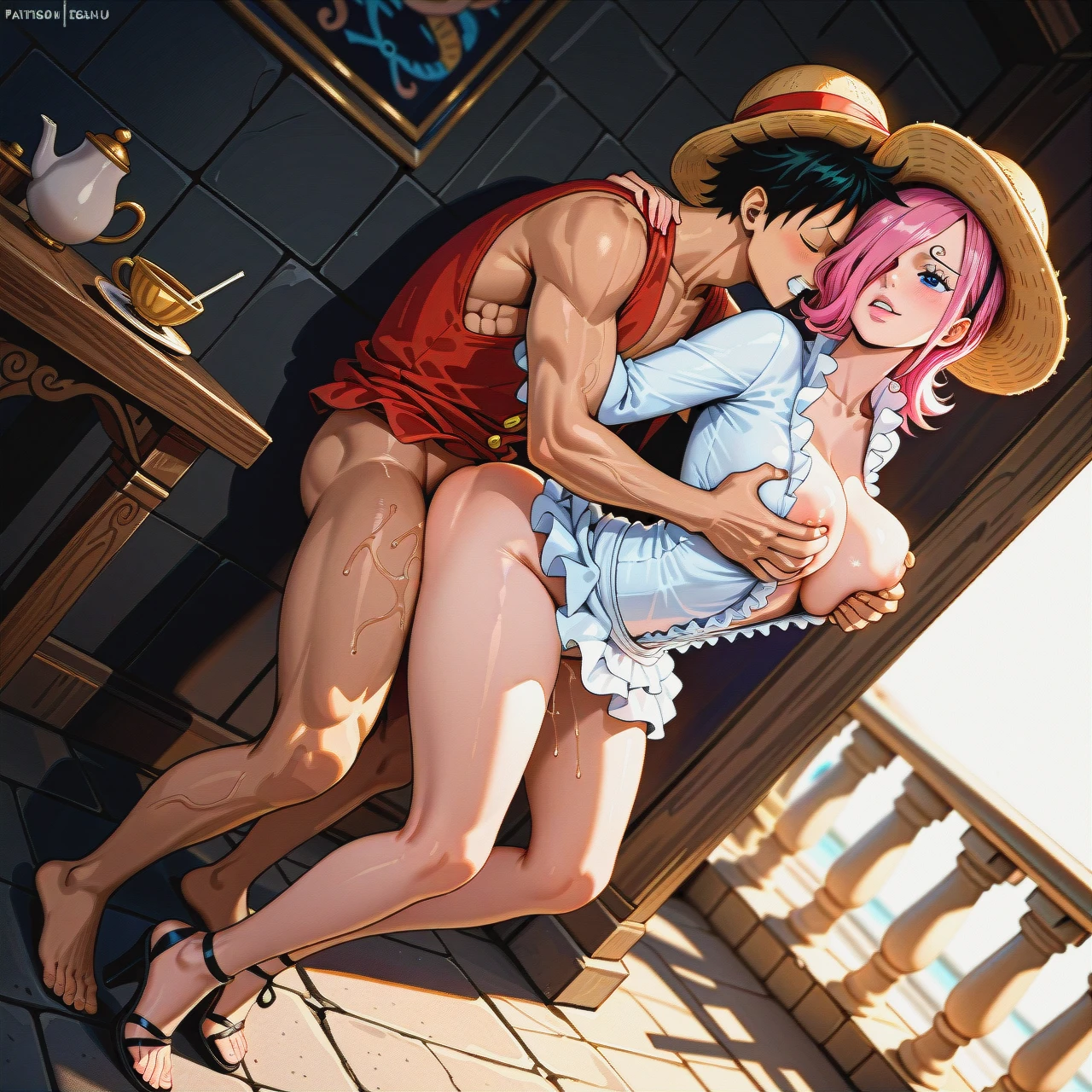 Vinsmoke Reiju from one piece ,  white outfit with straw hat  ,  @monkey_d_luffy  , sex, full body , (guided_breast_grab) , full body , (from_side) , (sideways) , hip thrust , (sex_from_behind) sex ,  creampie , background on concrete palace balcony,  (table_humping) , luffy gives reiju his  straw hat to wear , (skirt_lift)