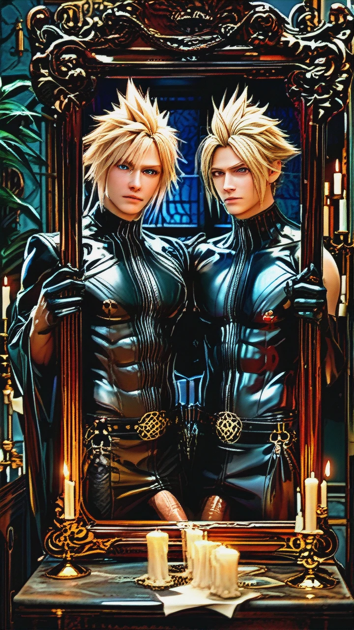 2boys, 3d,, spying , cloud strife , rubberized ,dark skinned muscular boy, big veiny penis, gay,