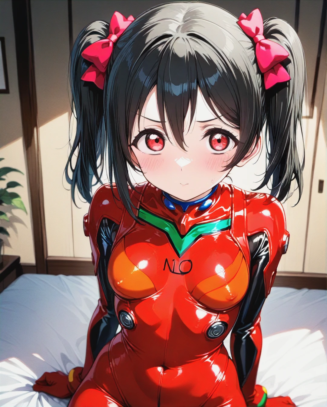 nsfw,girl, yazawa nico, \(love live!\),  naked \(neon genesis evangelion\) spangle red plugsuit bodysuit  looking at viewer,upper thigh,