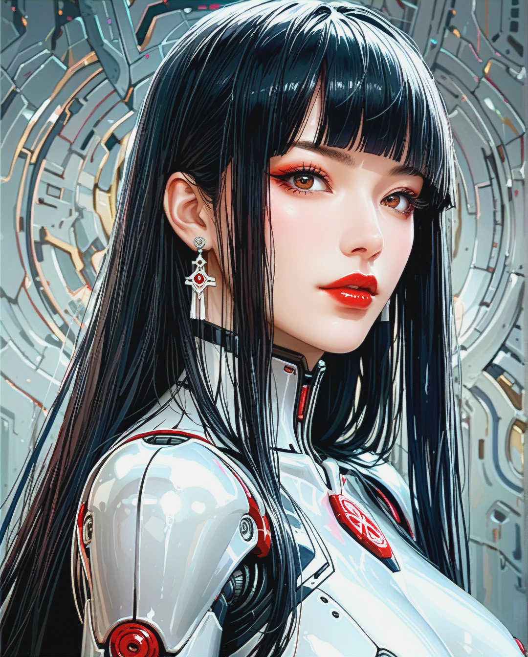 deviant sexy robot woman, robot body, white metallic body, black hair, blunt bangs, long hair, extreme straight hairstyle, asian eyes, brown eyes, red lipstick thick lips, pink sharp nails, medium breast.