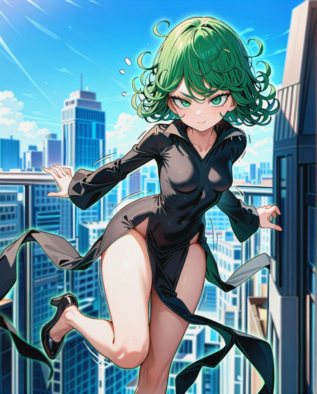 1girl, character tatsumaki, (perfect face: 1,2), (beautiful green eyes: 1,1), (very skinny), in black dress with long sleeve, in black heels, floating in the air, background is city, day, manga effects, motion lines, (distant view)