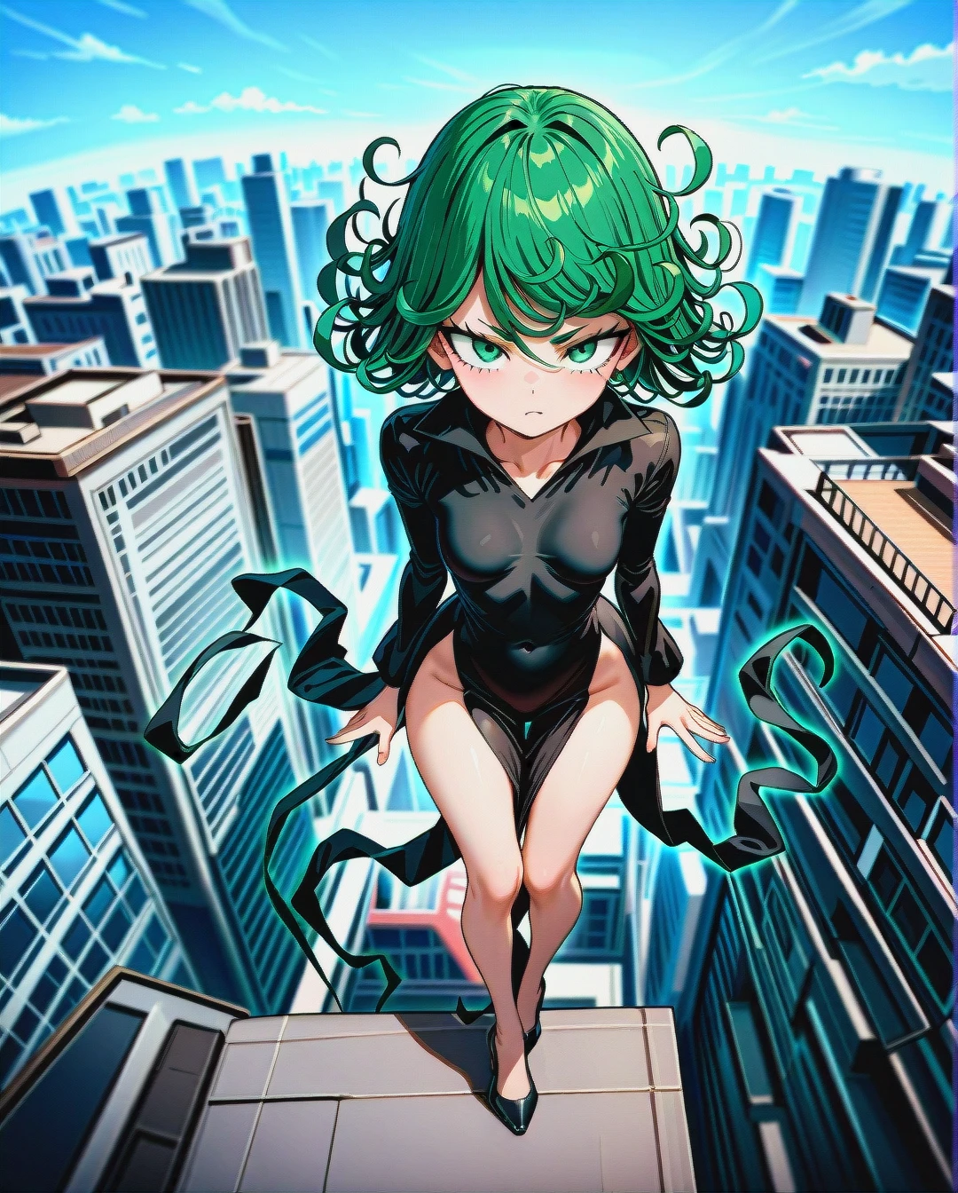 1girl, character tatsumaki, (perfect face: 1,2), (beautiful green eyes: 1,1), (very skinny), in black dress with long sleeve, in black heel, floating in the air, background is city, day, manga effects, motion lines