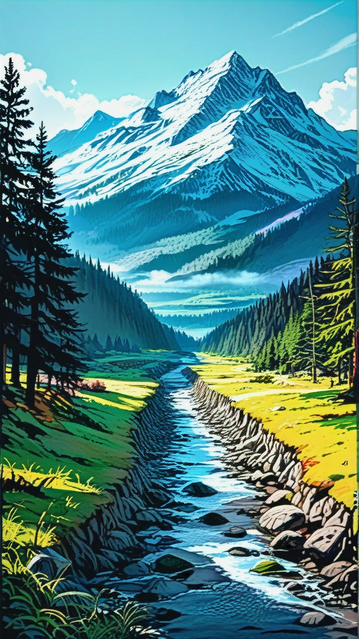 beautiful landscape with mountains, rivers, and forests, in the style of Bob Ross, vibrant colors, highly detailed, 8k resolution, cinematic lighting, [ugly:0], [deformed:0], [blurry:0], [low quality:0], [distorted:0], [oversaturated:0], [grayscale:0], [monochrome:0], [text:0], [logo:0],