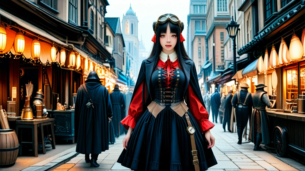 Kaguya Shinomiya, dressed in steampunk clothing, goggles, on a busy medieval japanese city street