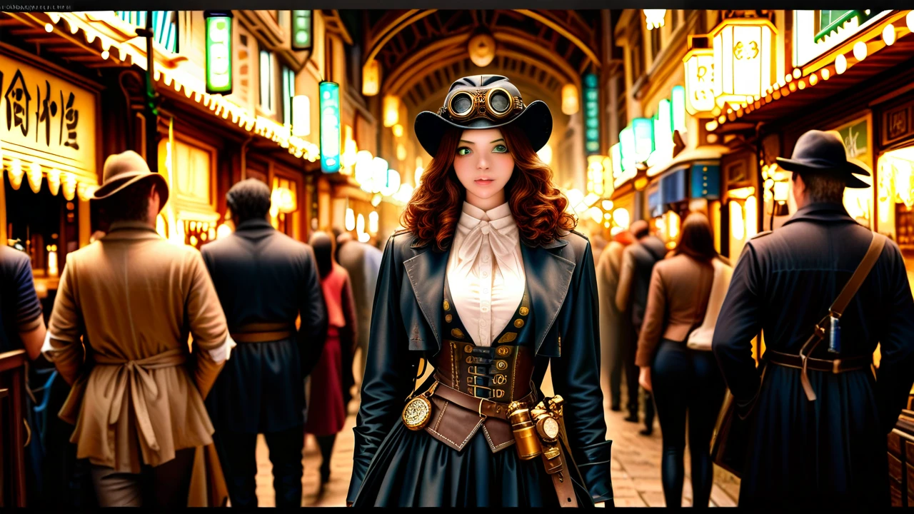 Kaguya Shinomiya, dressed in steampunk clothing, goggles, on a busy medieval japanese city street. slim, Ravishing, beautiful succubus, long, curly, auburn hair, green eyes, wearing steampunk hat, goggles Medium view