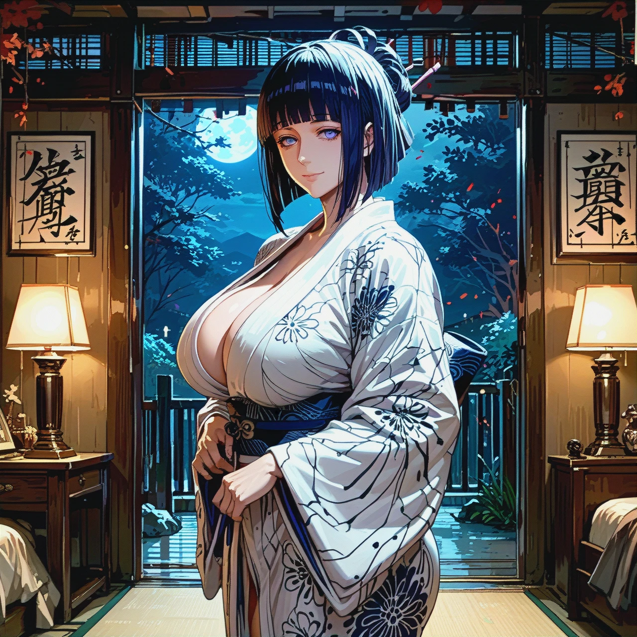 Darkness, night, Hinata hyuuga, kimono , expressionless face , bedroom ,solo , perfect body , big ass, huge breast, standing, husband and wife,  smile, after sex