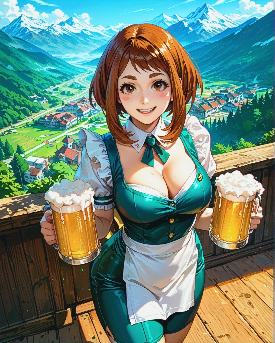 Ochako Uraraka, naughty smile, Austrian waitress costume, standing, carrying a tray with beer mugs, cleavage, mountain bar, aerial view