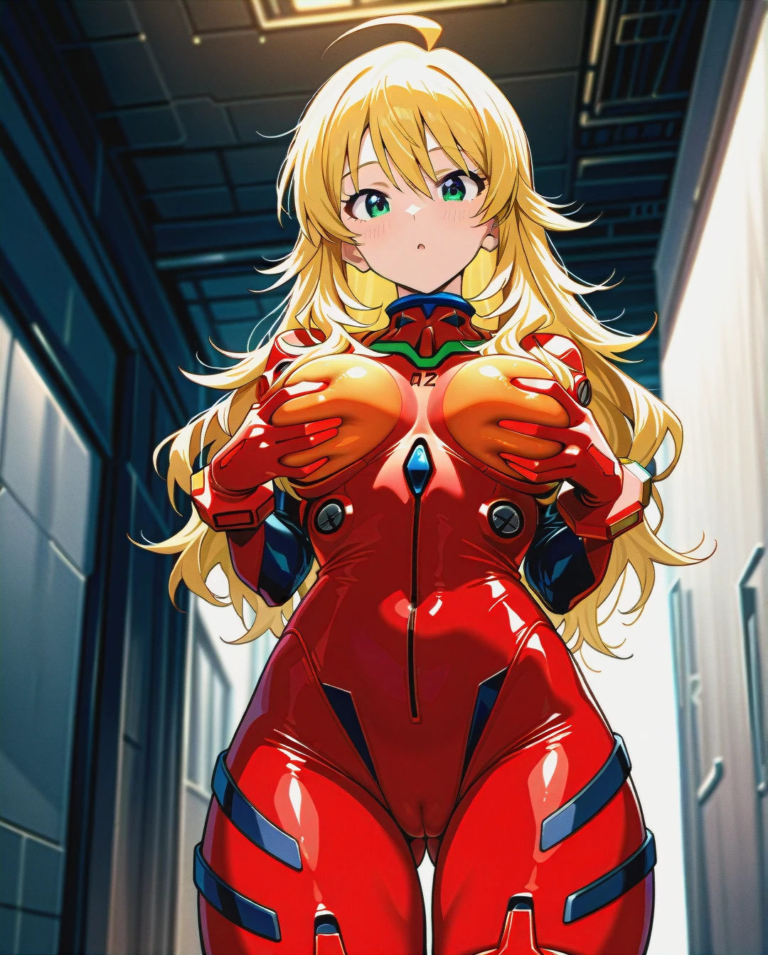 2girls, Japanese girl, hoshii miki \(idolmaster million live\)  and chichi \(dragon balls\). big eyes, naked \(neon genesis evangelion\) red plugsuit bodysuit  looking at viewer (grabbing_own_breast)   upper thighhighs,nsfw