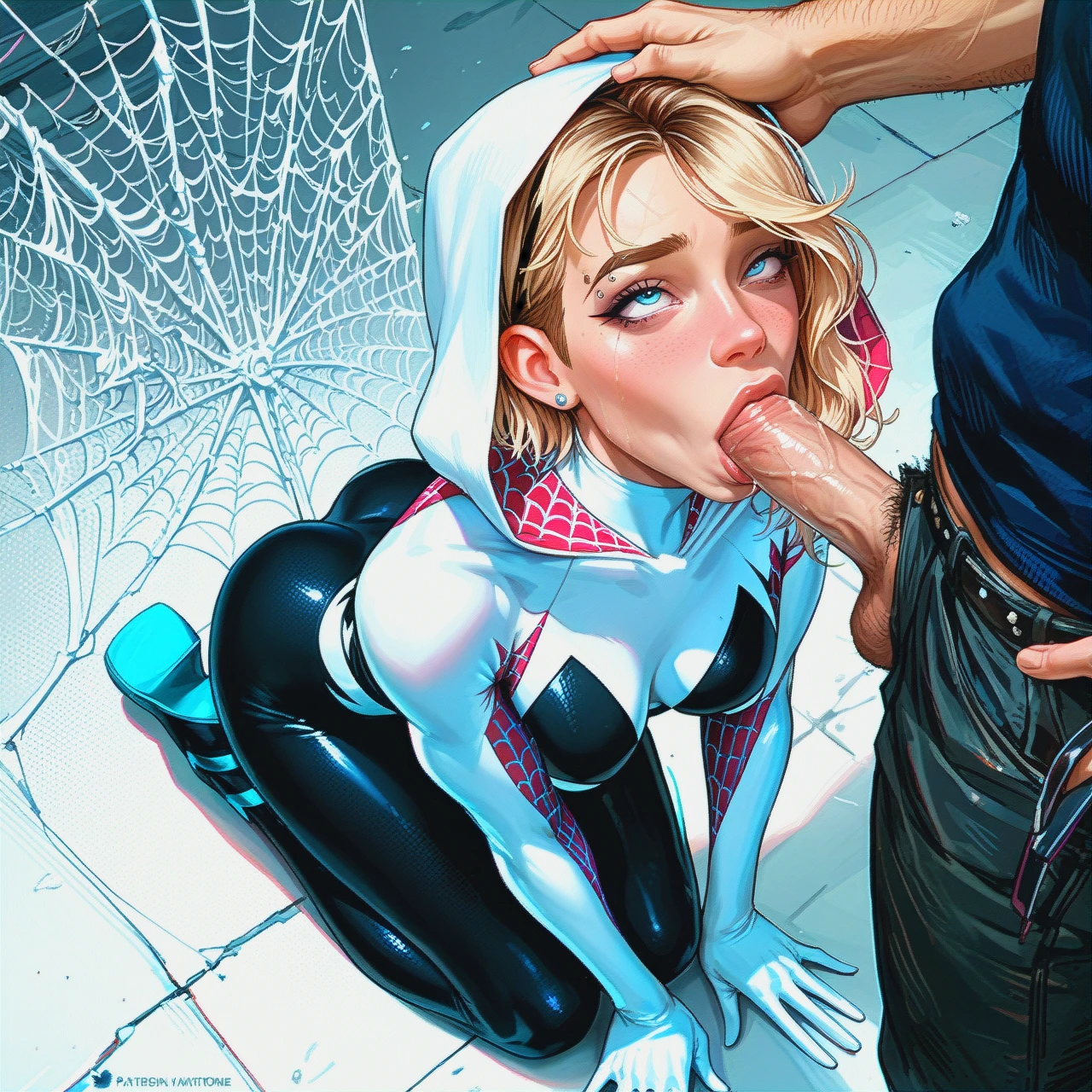 gwen stacy, spider gwen full outfit, queen of spones, on knees, ahegao, v, (autofellatio), medium tits