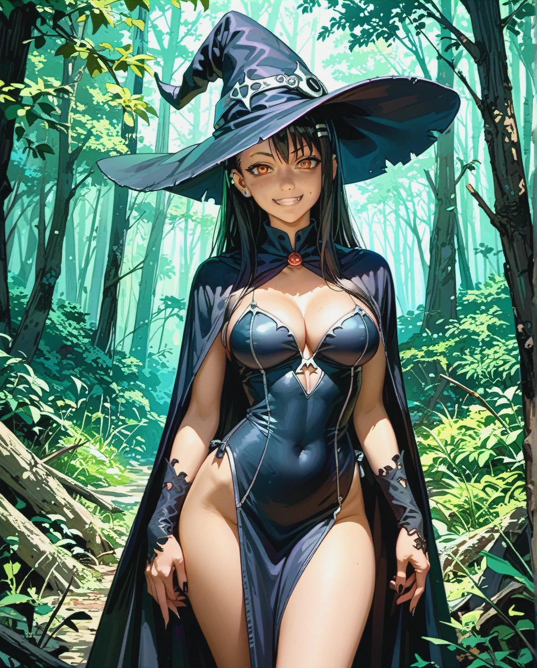 Hayase Nagatoro, witch outfit, witch hat, standing, cleavage,  dark forest