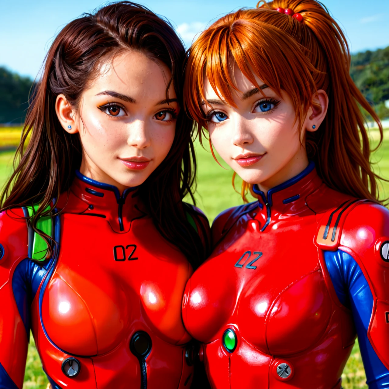 2girls lolly (hoshii miki \(idolmaster million live\)  and chichi) \(dragon balls\)big eyes  round face naked \(neon genesis evangelion\) red plugsuit bodysuit cum in dilldo looking at viewer