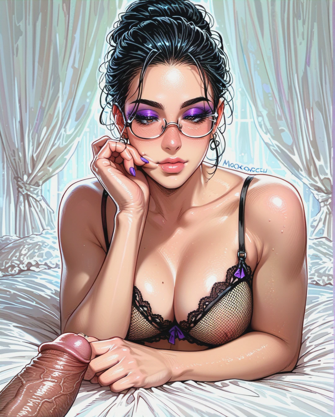 1 fat grandpa man, 1 futanari girl, sexy gorgeous dumb naughty slim skinny submissive petite latina hottie, foreskin, (medium_breasts) fishnet lingerie, eyeshadow, nerdy glasses, (smelling_feet)