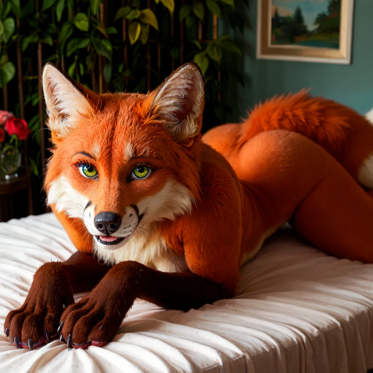 A stylized, anthropomorphic fox, likely a furry.  The fox has a muzzle with a metal muzzle cage, reddish-orange fur, and white-tipped ears.  It has amber/gold eyes and a teal/green eye.  The fox is in a relaxed, prone position, with its body angled slightly downward and towards the viewer. The fox's paws are visible and have a pink/rose colored pads.  The fox's body suggests a playful, somewhat submissive pose. The background is a gradient of muted purples and pinks. The colors are rich, but not hyperrealistic; more like a digitally painted illustration in a style that's painterly, yet precise in detail.  The fur has a soft, almost fluffy texture in the image.  Focus on the facial and body details of the fox, emphasizing the muzzle cage.  The overall image has a slight impressionistic feel, focusing on the fox's expression and form rather than photorealism.