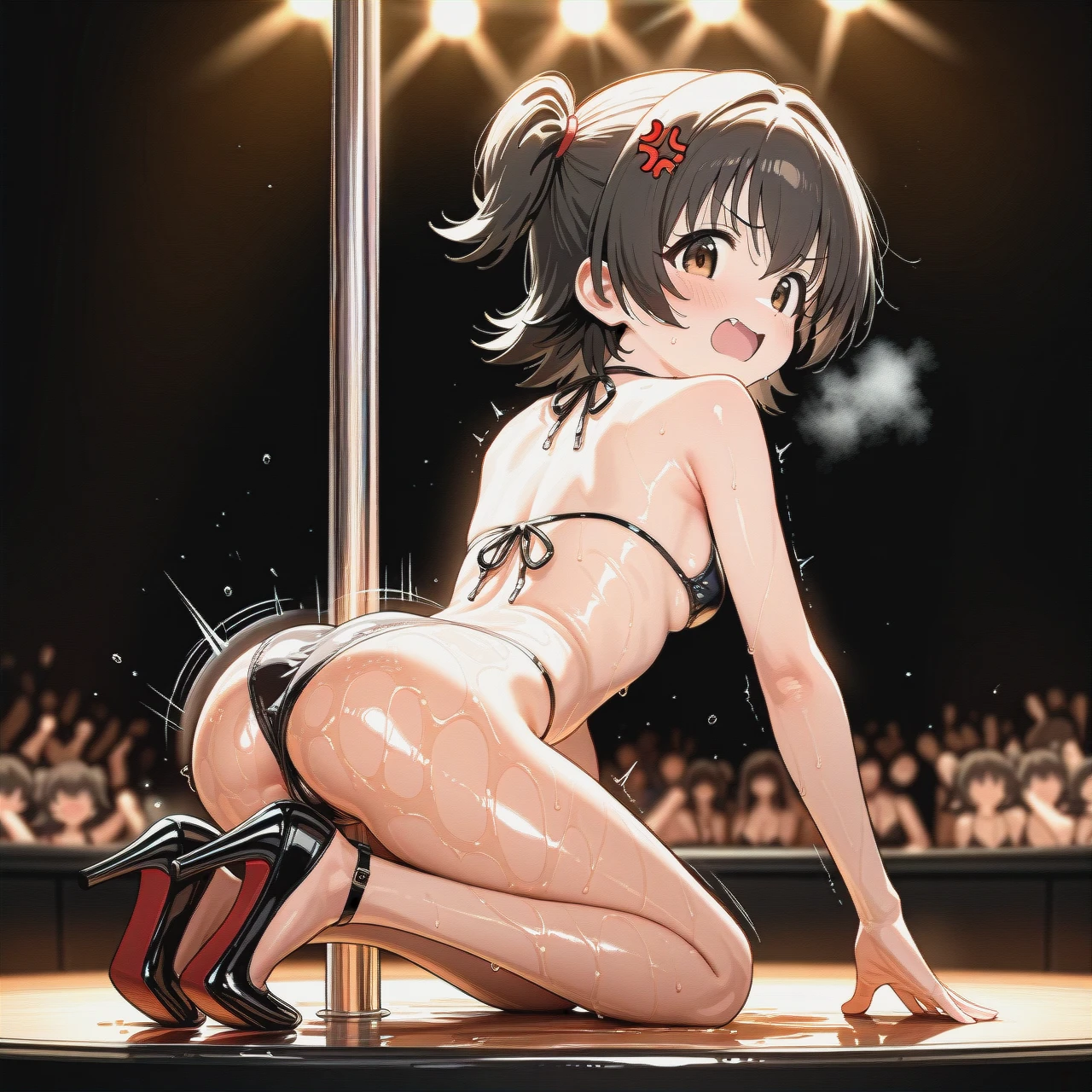 @akagi_miria, skinny, (anger_vein), oiled, in heels, in black bikini, (she stripteases), pole, stage, manga effects, motion lines, (full_body)