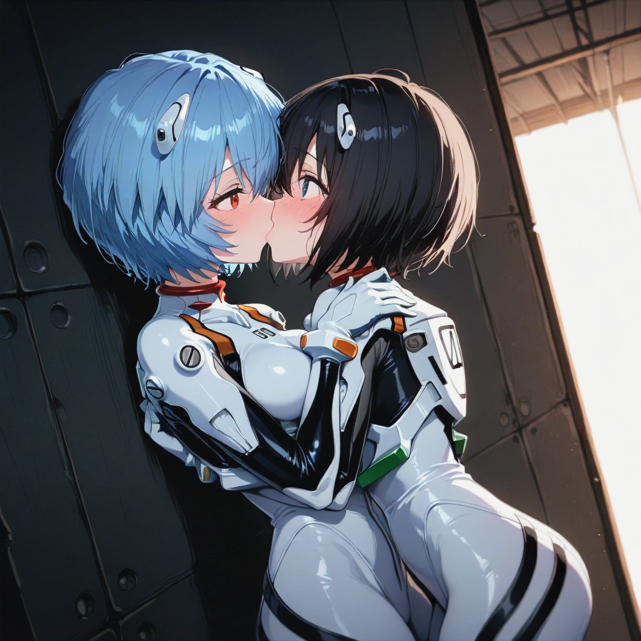 2 girls kiss, (maple (bofuri),armored dress)  (ayanami rei, white plugsuit bodysuit), detailed suit,eye contact, detailed face,