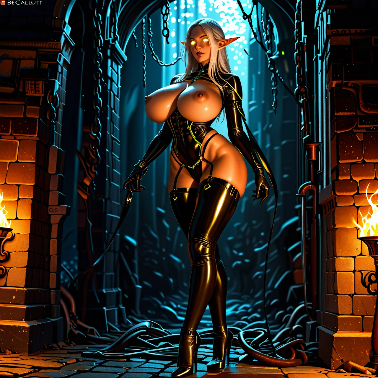 Dark elf warrior with dark blue sparklingskin, lineage 2 , yellow glowing eyes,  white long hair,  athletic body,  long legs,   huge tits, nipples. high heels,  latex sexy straps,   (huge_breasts) , nipples pierced, legs and hands strapped and she hanged  in dungeon, spitroasted by big white dicks.