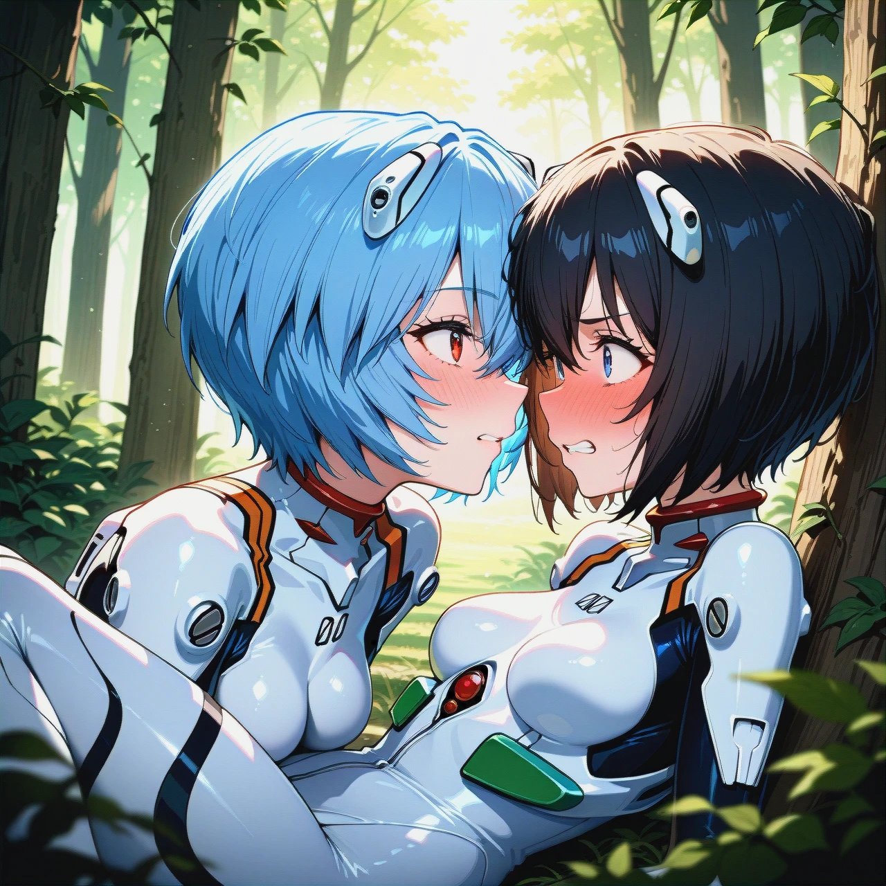 2 girls, maple (bofuri),armored dress. forest,ayanami rei, white plugsuit bodysuit, detailed suit, clenched teeth,eye contact, detailed face, blushing, detailed soles,