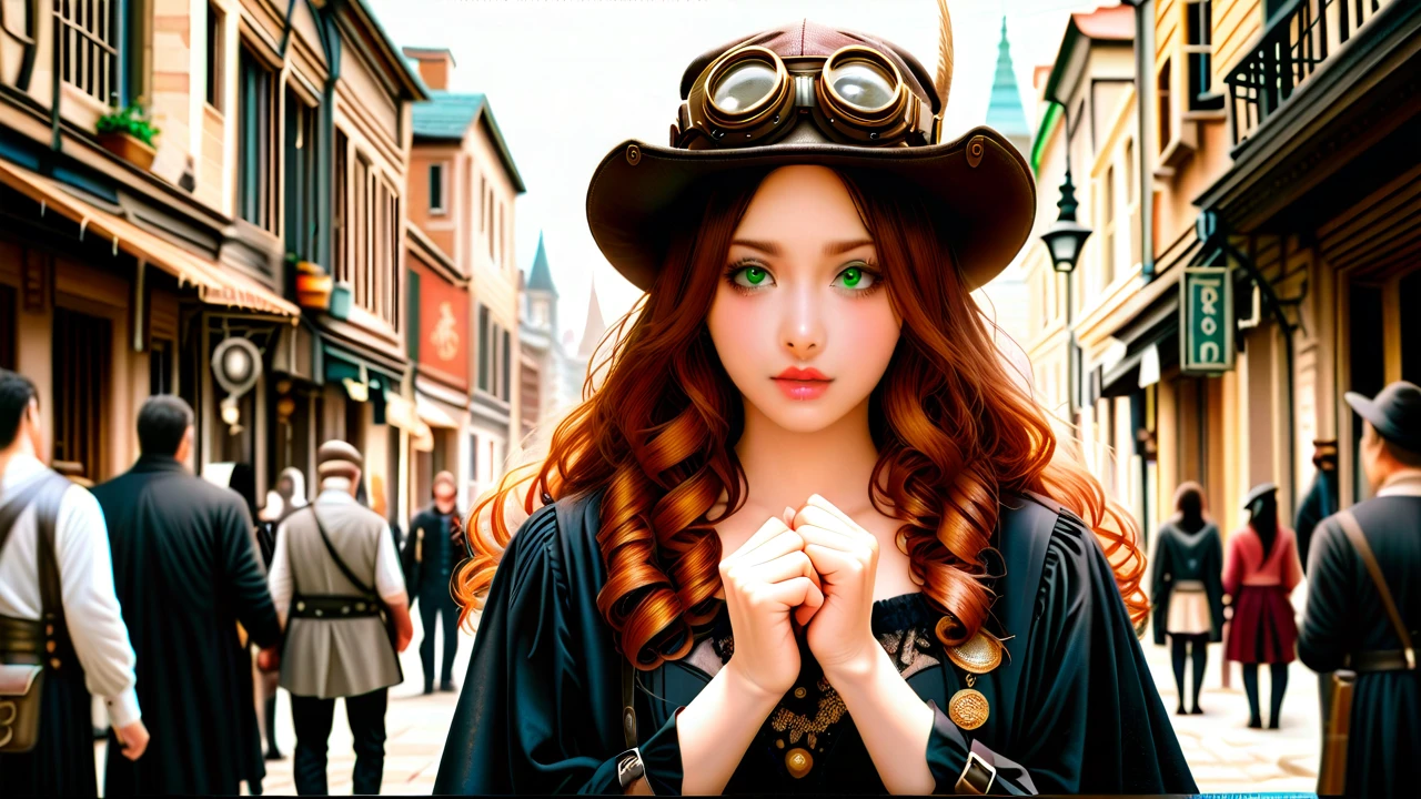 Kaguya Shinomiya, dressed in steampunk clothing, goggles, on a busy medieval japanese city street, shaking hands with slim, Ravishing, beautiful succubus, long, curly, auburn hair, green eyes, wearing steampunk hat, goggles Medium view