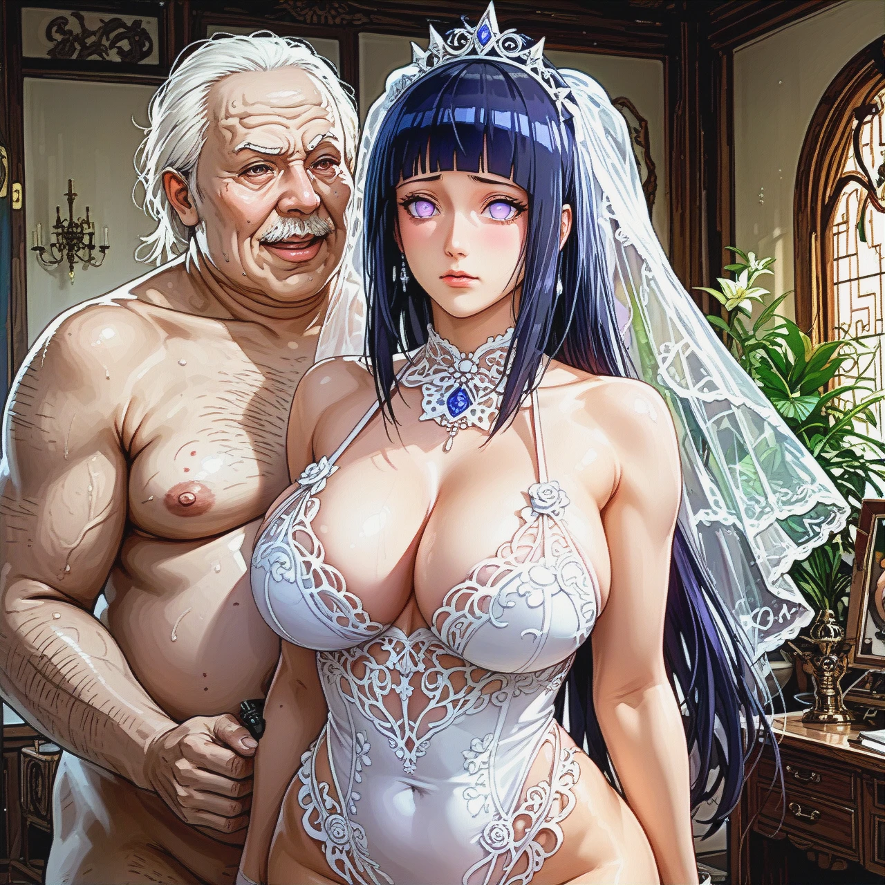 @hyuuga_hinata ,wedding lingerie, big ass, big breast, ugly old fat man.