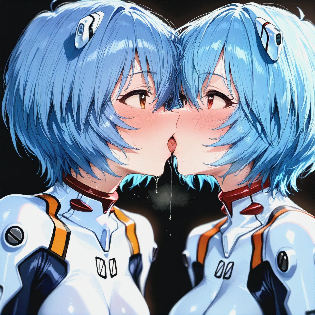 2 girls kiss, (hoshii_miki (idolmaster) )  (ayanami rei, white plugsuit bodysuit), detailed suit,eye contact, detailed face,