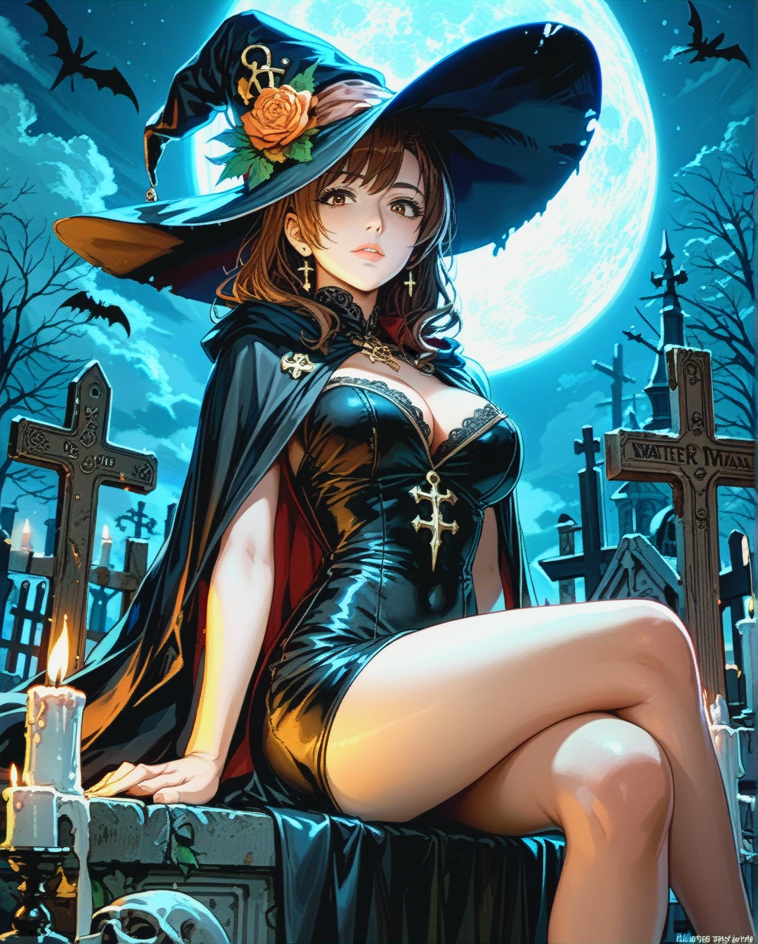 @abe_nana, Witch hat and black dress and cloak, sit on gravestone , cleavage, legs , on an abandoned cemetery, candles, full ,moon, wide angle shot