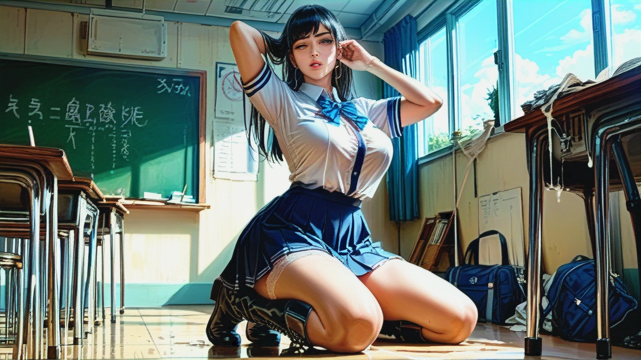 1girl,solo, a girl headpat, teasing_viewer, cum_inside, molesting,girl_kneeling,huge_breast,fabric, baseball,firm_breasts,waist_grab, school_uniform,lace_lingerie,panties,boots, in_classroom, spaceship, masterpeice, realistic_skin, Brightly_Lit