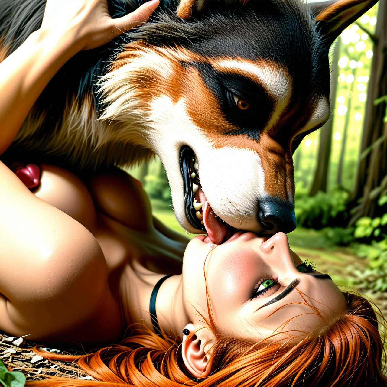 close-up, Gwen Tennyson(Ben10), upside-down, forest, eye contact, detailed eyes, blushing, laying on back, detailed tongue, x-ray canine penis, missionary with feral wolfdog, voluptuous, kissing, drooling