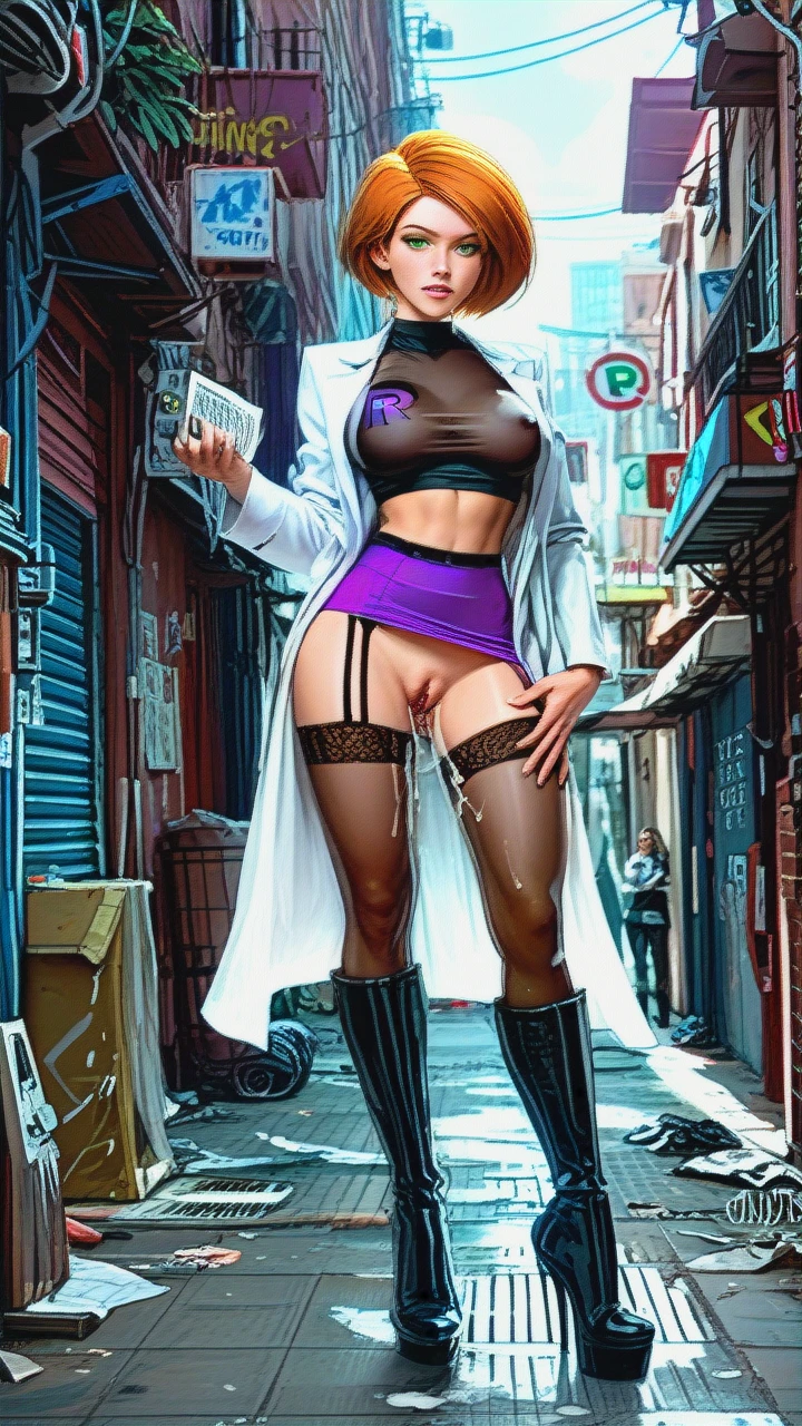 @kim_possible @ann_possible, super realistic, eye contact, costume, (anal), white wet see through top, team rocket, creampie, fucked in bedroom, grope tits, garter belt, fishnet, sideways view, alleyway, upskirt, boots, spread pussy