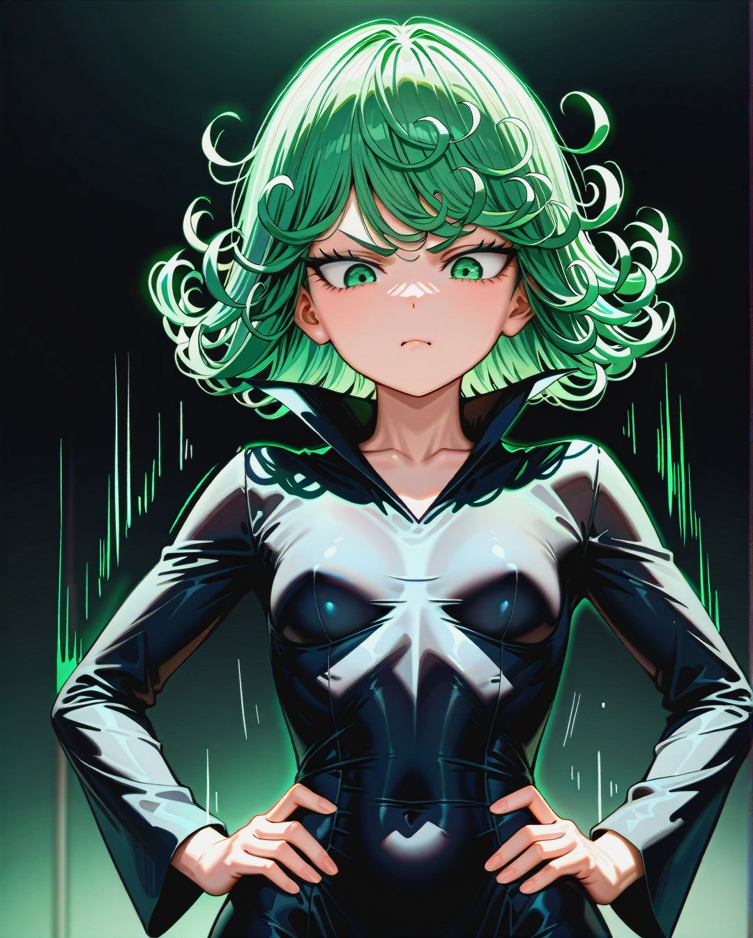 1girl, @tatsumaki, (perfect face: 1,2), (beautiful green eyes), (very skinny: 1,1), in black dress with long sleeve, floating in the air, (front view),(upper_body), motion lines, hands on waist, looking down, (annoyed)