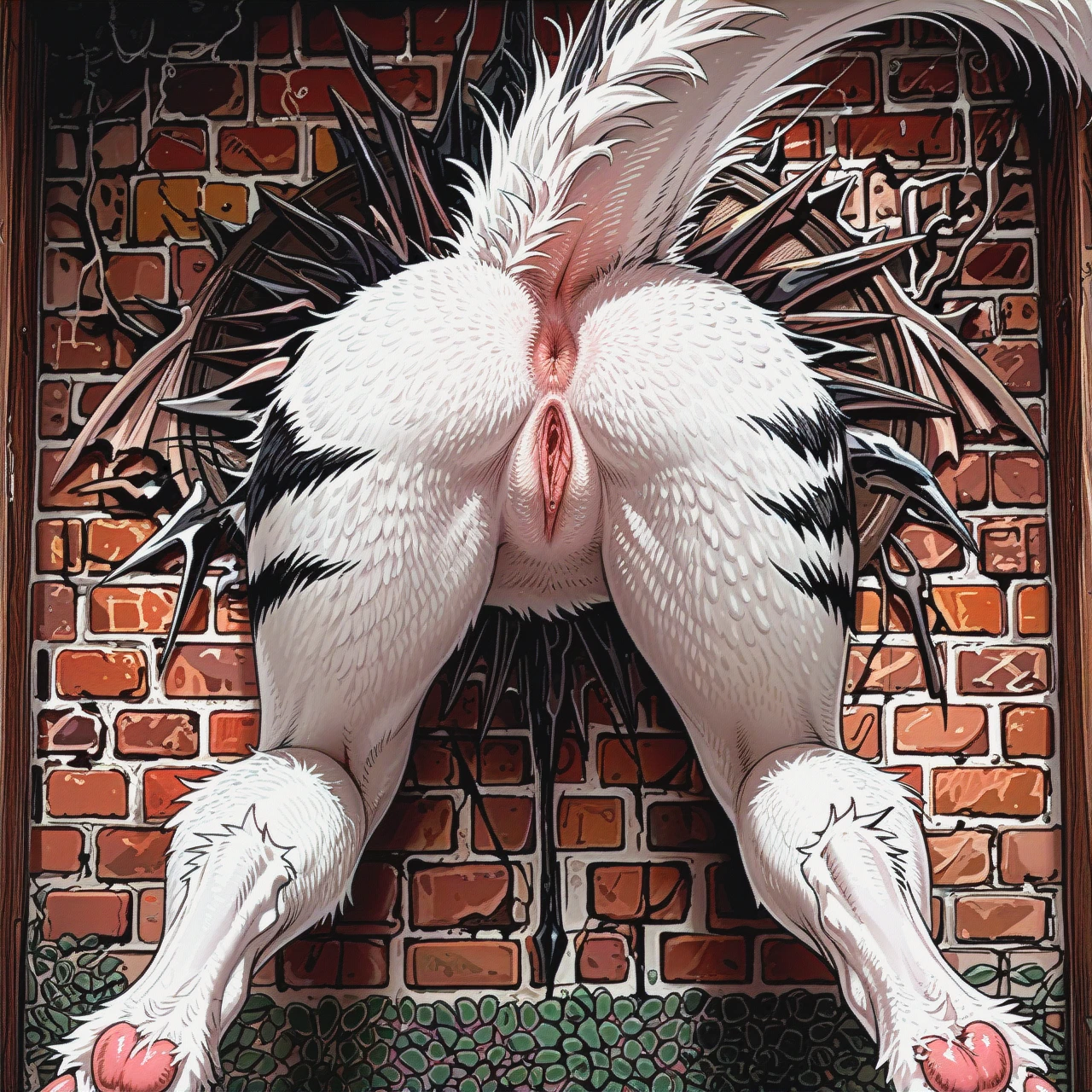 Glory wall, stuck in wall, nude, pussy, anus, detail, beautiful, highly detailed, furred dragon, female dragon, looking on viewer, waist shot, navy eyes, white fur, black stripes, black horns, claws, paws, messy hair, correct anatomy, detailed face, beautiful face, dragon horns