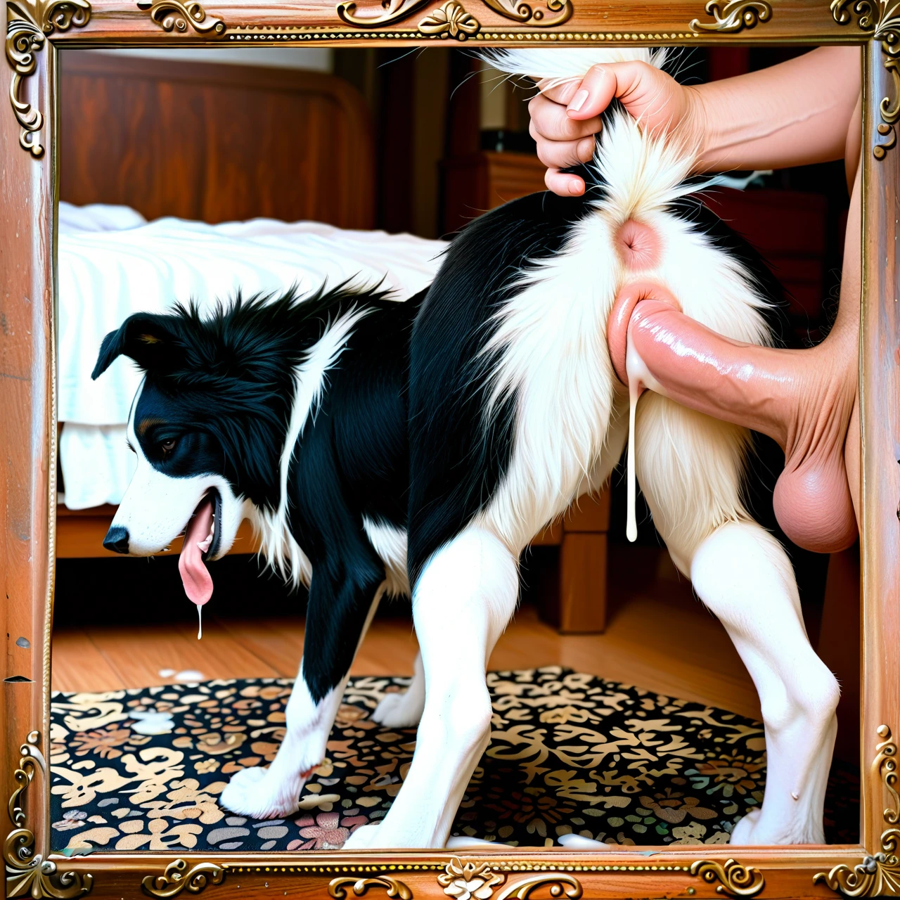 Canine pussy, feral border collie, view from back, cum dripping, animal pussy, tail raise, tongue out, canine vagina, penis in pussy, tail grab, dick, balls,