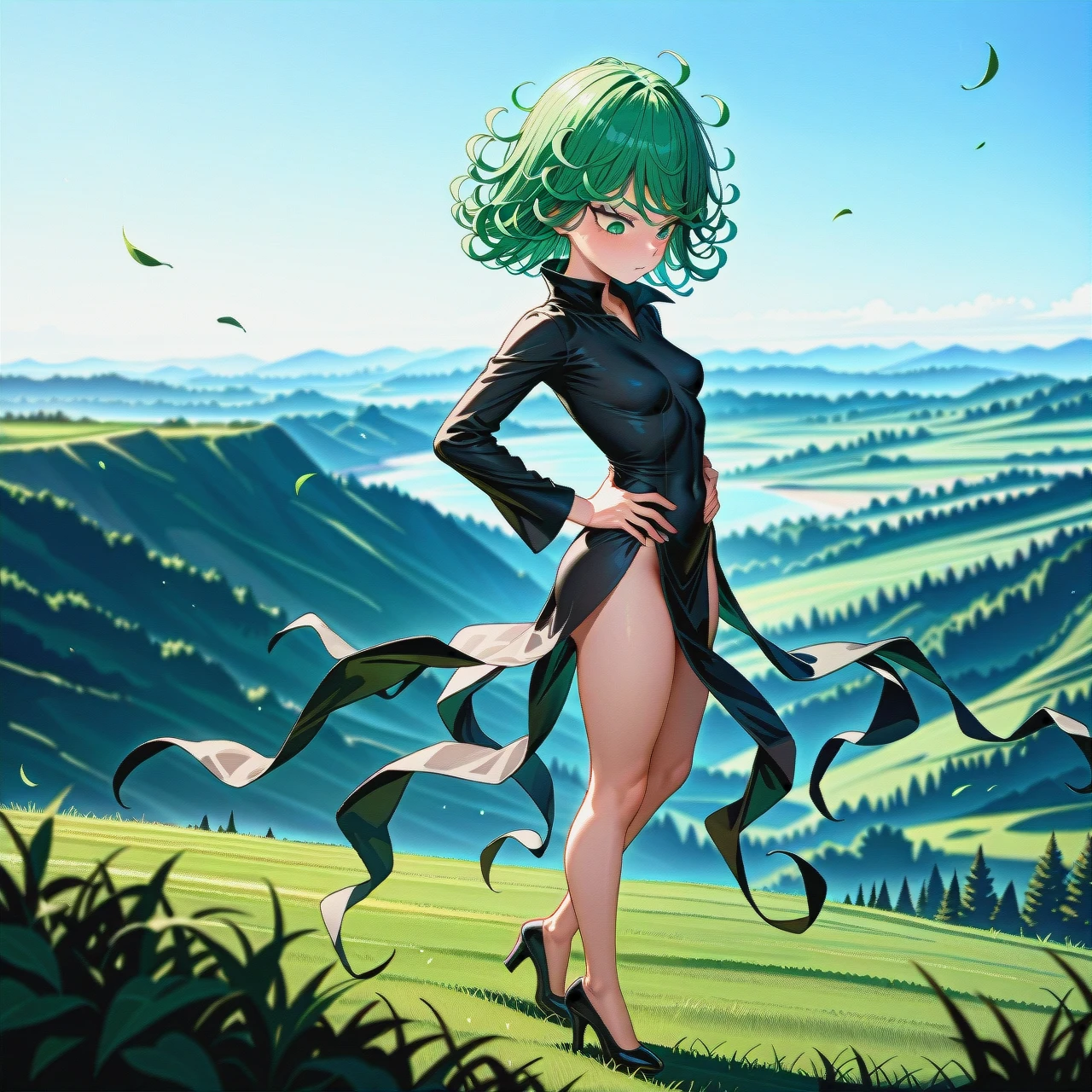 1girl, @tatsumaki, (perfect face), (beautiful green eyes), (very skinny), in black dress with long sleeve, in black heels, floating in the air, landscape is forest, side view, (full_body), day, hands on waist, looking down