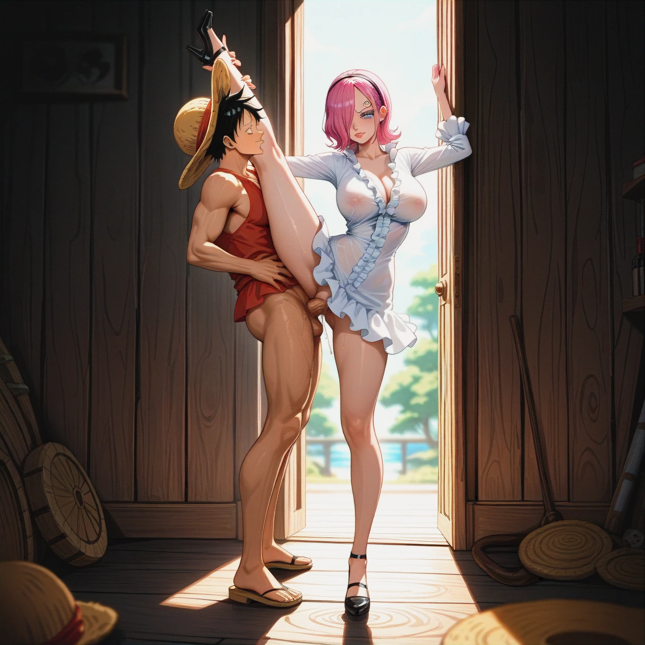 vinsmoke Reiju from one piece , white frilled dress shirt outfit  , full body , (standing_split) , sex , @monkey_d_luffy , luffy gives reiju straw hat ,