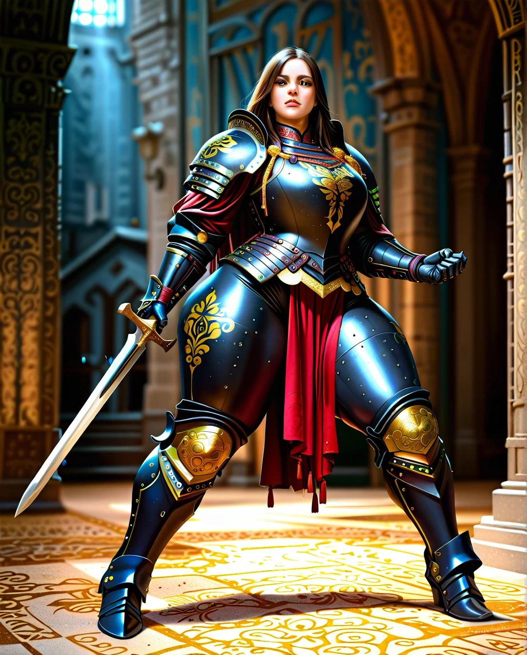 1girl, solo, in a stance with a sword, horny, (gigantic ass, massive hips, thick legs, thick thighs, bottomheavy woman), (Brown with gold trim, full body armor, armored legs), HXARMOUR, <lora:bottomheavy_v1_sdxl_tags:.5>, <lora:HXarmour_010XL:.5>, <lora:brave-perspective:.5>