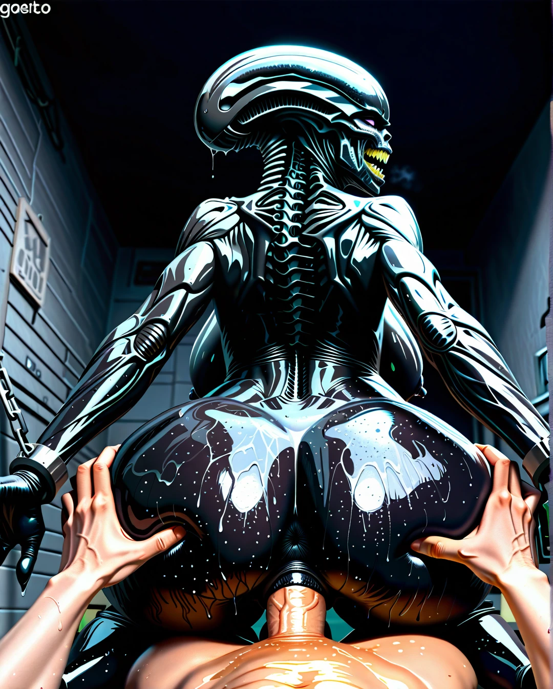 Super realism, ((black skin)), xenomorph queen with human face, ((spread hands)), chained to the walls, cell, black-skinned female, no tail, no hair, ((perfect woman face)), (((human face))), ((perfect human pussy)), pussy fucking, big dick, monster cock, POV, human massive dick, fuck with man, high detail pussy, high realistic, beautiful 20yo woman face, ((front of head human from forehead transitioning to elongated back part xeno)), ((human face of beautiful woman with normal teeth and eyes)), oiled body, wet body, breast, grab, cowgirl, position, girl, on, top, straddling, grabbing, sex, vaginal, milf, big girl of age, huge breasts, sexy, thick, wide hips, huge ass, big, areola, dark, nipple, through, clothes, puffy, veiny, tits, huge, nipples, large, areolae, saggytitz, big_natural_breasts, sagging_breasts, huge_breasts, stretch_marks, Bare chest, naked, Gorgeous, pretty