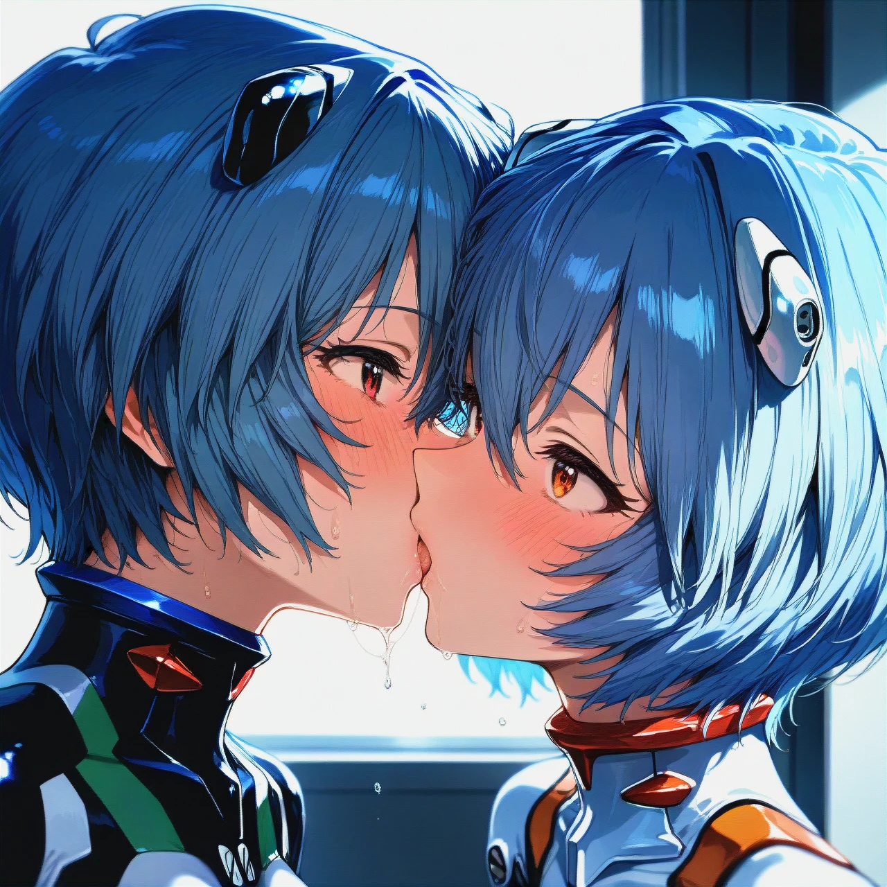 2 girls kiss, (hoshii_miki \(idolmaster million live\) )  (ayanami rei, white plugsuit bodysuit), detailed suit,eye contact, detailed face,