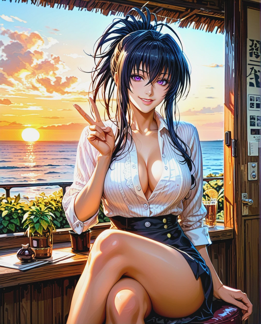 @himejima_akeno, naughty smile, crossed legs, v sign with hand, sensual,  unbuttoned blouse and miniskirt, sit on a mediterranean coast terrace, oudoor, sunset, play of shadows, beautiful lighting, subtle pastel tones, 8k